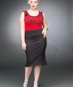 Queen Of Darkness Plus Size Knee-Length Skirt With Ruching & Lacing