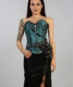 Burleska Reversible Overbust Zip Corset In Turquoise Black Jacquard And Gold King