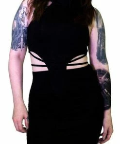 Dr Faust Seductive Black Stripes Black Midi Dress - Ruth