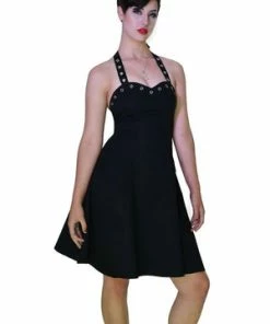 Dr Faust Silver Eyelets Halterneck Black Midi Dress - Simone