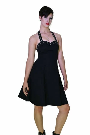 Dr Faust Silver Eyelets Halterneck Black Midi Dress - Simone 3 Dr Faust Silver Eyelets Halterneck Black Midi Dress - Simone