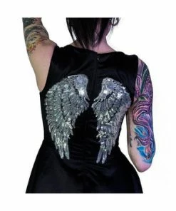 Dr Faust Silver Sequin Wings Black Silk Mini Dress - Hope 7 Dr Faust Silver Sequin Wings Black Silk Mini Dress - Hope -Spooky Threads silver sequin wings black silk mini dress hope dr faust 3 300x