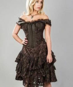 Burleska Sophia Knee Length Corset Dress In Brown Stripe Brocade
