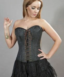 Burleska Steampunk Underbust Lace Up Corset In Black Brocade