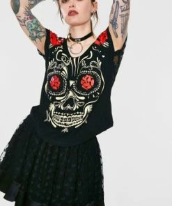 Jawbreaker Sugar Skull Black T-Shirt -Spooky Threads sugar skull black t shirt jawbreaker 5 300x