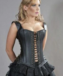Burleska Takara Overbust Corset With Straps In Black Matte Vinyl And Brass Spikes