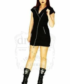 Dr Faust Velvet Lining Black Biker Mini Dress - Charlotte -Spooky Threads velvet lining black biker mini dress charlotte dr faust 3 300x