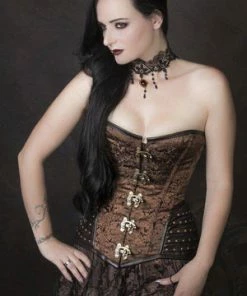 Burleska Warrior Overbust Steampunk Corset In Brown Brocade & Brown Matte Hip Panels