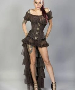 Burleska Warrior Underbust Steel Boned Corset In Brown Stripe With Coffee Matte Hip Panels