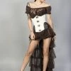 Burleska Warrior Underbust Steel Boned Corset In Cream Brocade With Brown Matte Hip Panels