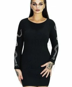 Dr Faust White Snake Long Sleeved Black Mini Dress - Serena