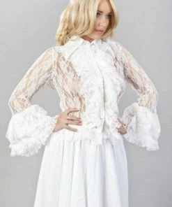 Burleska Widow Long Sleeve Ladies Vintage Shirt In White Stretch Lace