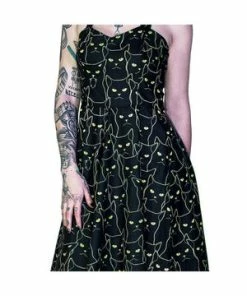 Dr Faust Yellow Evil Cats Black Midi Dress - Katz -Spooky Threads yellow evil cats black midi dress katz dr faust 3 300x