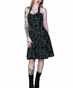 Dr Faust Yellow Evil Cats Black Midi Dress - Katz